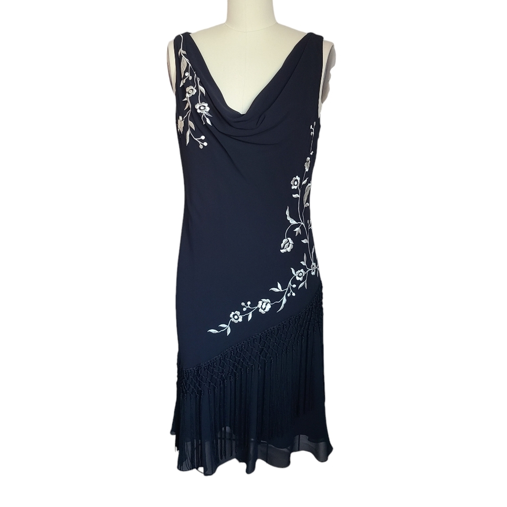 Alex Evenings Navy Blue Sleeveless Midi Dress with White Floral Embroidery